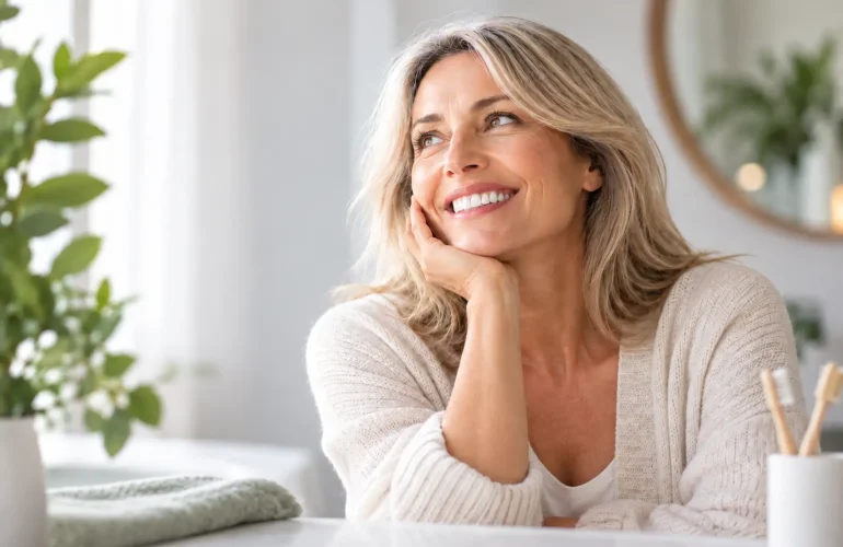 Mujer adulta pensando sobre menopausia y salud bucodental en una clínica dental.